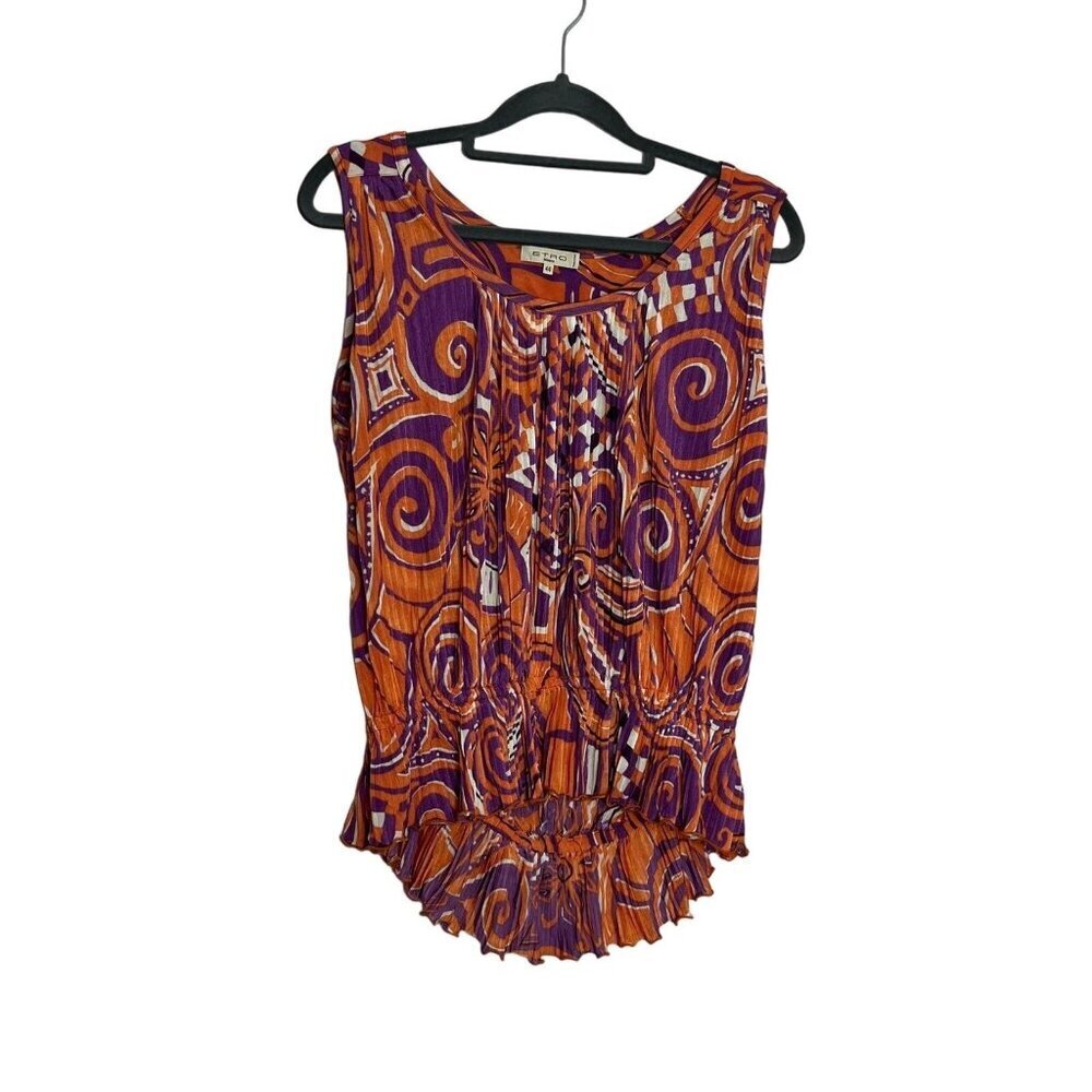 Etro Purple Orange Elastic Waist Crinkle Pleated  Bodice Sleeveless Blouse 44/ M